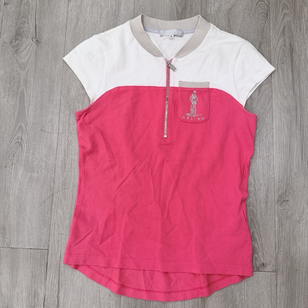 VTG CELINE Women S Pink White Cycling Logo Half Zip Polo Shirt Portugal EUC